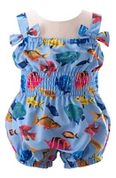 Rachel Riley Tropical Fish Print Bubble Romper in Blue Multi at Nordstrom, Size 6M