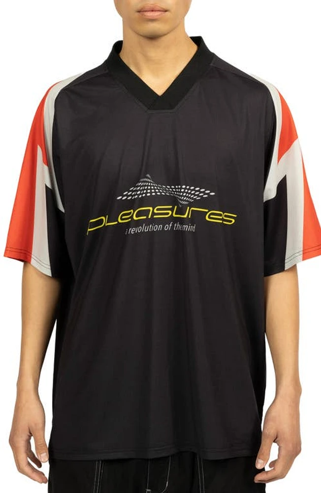 PLEASURES Mind Oversize V-Neck Mesh Soccer Jersey Black at Nordstrom,