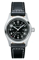 Hamilton Khaki Field Automatic Leather Strap Watch, 38mm in Black/Silver at Nordstrom