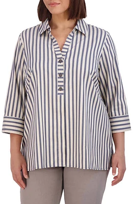 Foxcroft Andie Stripe Cotton Blend Tunic Top Navy/Neutral at Nordstrom,