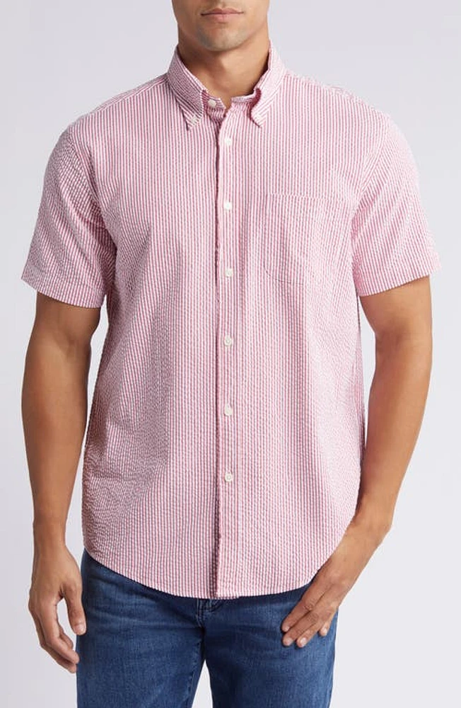 Brooks Brothers Stripe Stretch Seersucker Short Sleeve Button-Down Shirt American Beauty at Nordstrom,