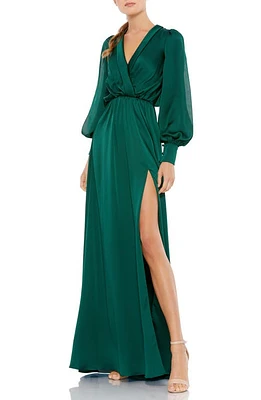 Ieena for Mac Duggal Split Long Sleeve Faux Wrap Satin Gown Deep Emerald at Nordstrom,