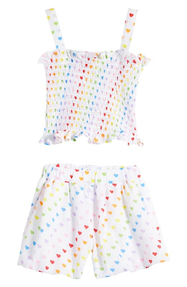 Lola & the Boys Kids' Rainbow Heart Smocked Tank Shorts Set White/Multi at Nordstrom,