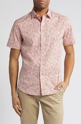 Bugatchi Orson Trim Fit Leaf Print Short Sleeve Stretch Button-Up Shirt Coral at Nordstrom,