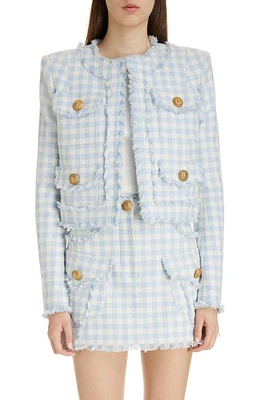 Balmain Gingham Tweed Collarless Crop Jacket Pale Blue/White at Nordstrom, Us