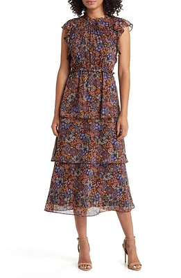 Julia Jordan Floral Ruffle Tiered Midi Dress Brown Multi at Nordstrom,