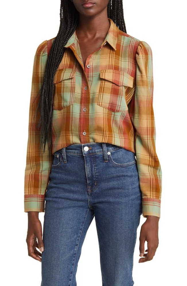 Treasure & Bond Puff Shoulder Button-Up Shirt Green- Tan Hilda Plaid at Nordstrom,