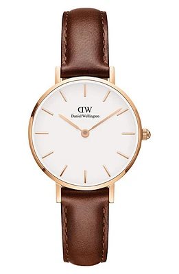 Daniel Wellington Classic Petite Leather Strap Watch, 28mm in Brown/White/Rose Gold at Nordstrom