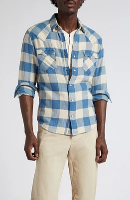 Double Rl Slim Fit Buffalo Plaid Cotton & Linen Twill Western Snap-Up Shirt 158 Indigo Cream at Nordstrom,