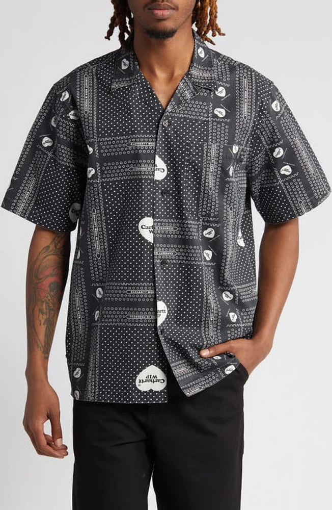 Carhartt Work Progress Bandana Heart Print Cotton Camp Shirt Black at Nordstrom,