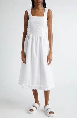 Ganni Smock Bodice Organic Cotton Poplin Midi Dress Bright White at Nordstrom, Us