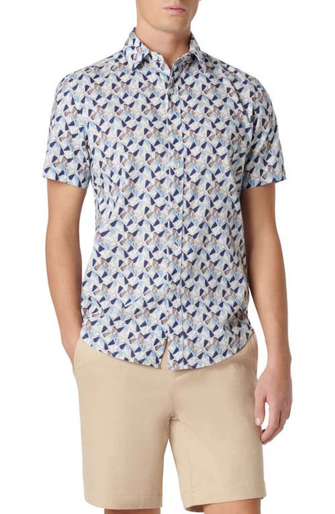 Bugatchi Orson Geo Print Short Sleeve Cotton & Linen Button-Up Shirt Sand at Nordstrom,