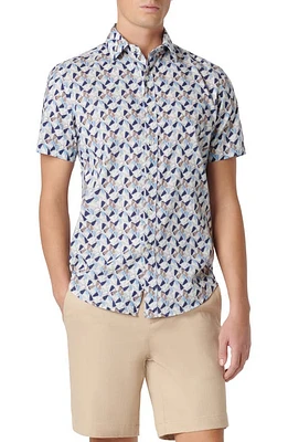 Bugatchi Orson Geo Print Short Sleeve Cotton & Linen Button-Up Shirt Sand at Nordstrom,