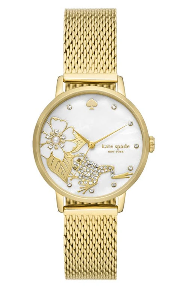 Kate Spade New York metro frog & flower mesh bracelet watch, 34mm in Gold at Nordstrom, Size 34 Mm