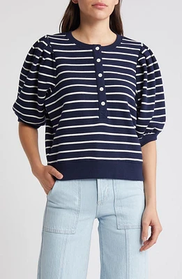 Rails Dom Stripe Puff Sleeve Cotton Henley in Navy White Stripe at Nordstrom, Size Medium