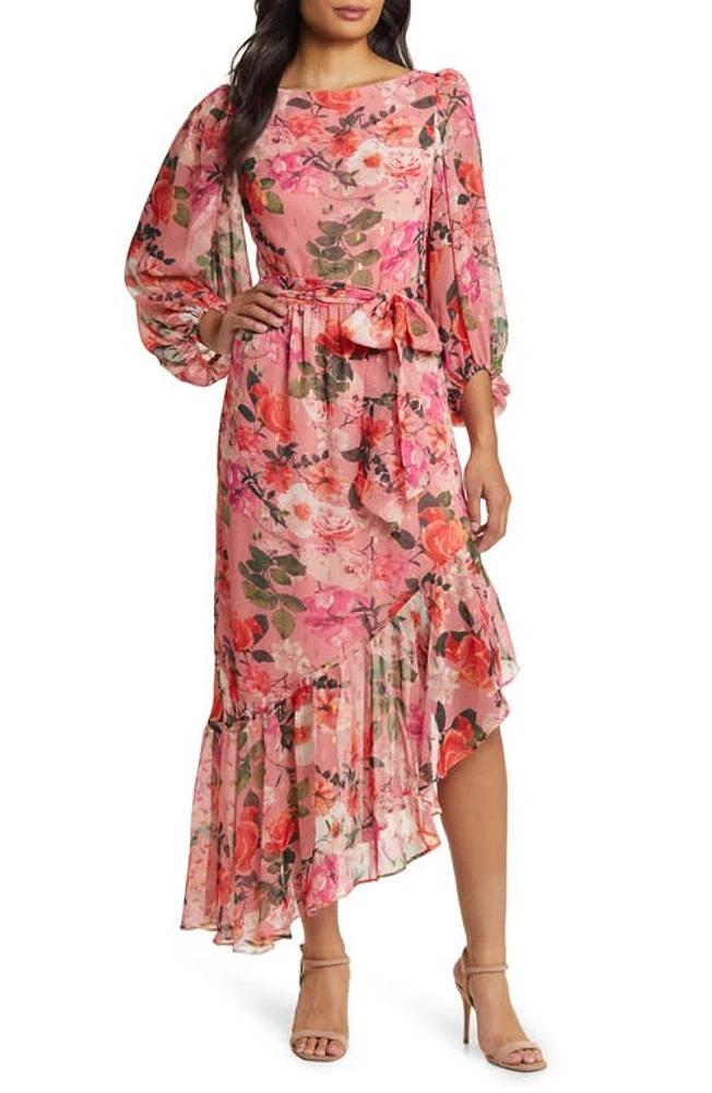 Eliza J Floral Balloon Sleeve Asymmetric Maxi Dress Rose at Nordstrom,