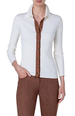 Akris Contrast Placket Cotton & Silk Blend Rib Cardigan Ecru-Vicuna at Nordstrom,