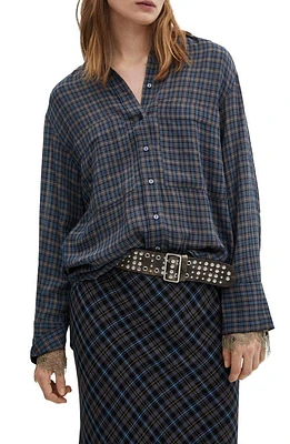 MANGO Camisa Maria Plaid Lace Cuff Shirt Blue at Nordstrom,