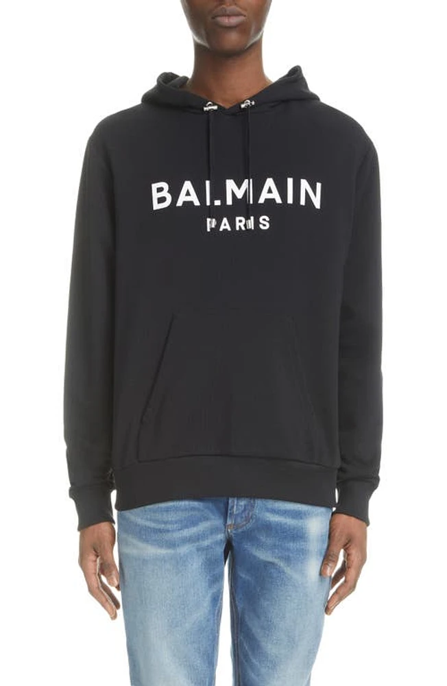 Balmain Logo Graphic Hoodie Eab - Black/White at Nordstrom,