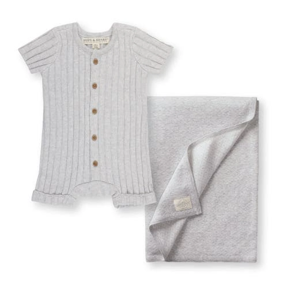 Hope & Henry Baby Shortie Romper & Jacquard Blanket Gift Set in Light Gray Heather at Nordstrom