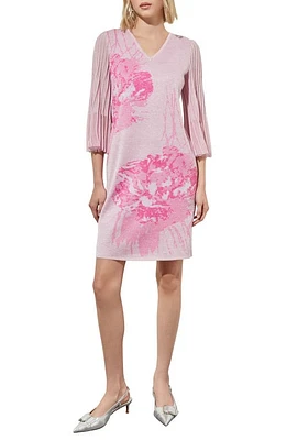 Ming Wang Floral Print Metallic Pleated Sleeve Shift Dress in Perfect Pink/carmine Rose at Nordstrom, Size Large