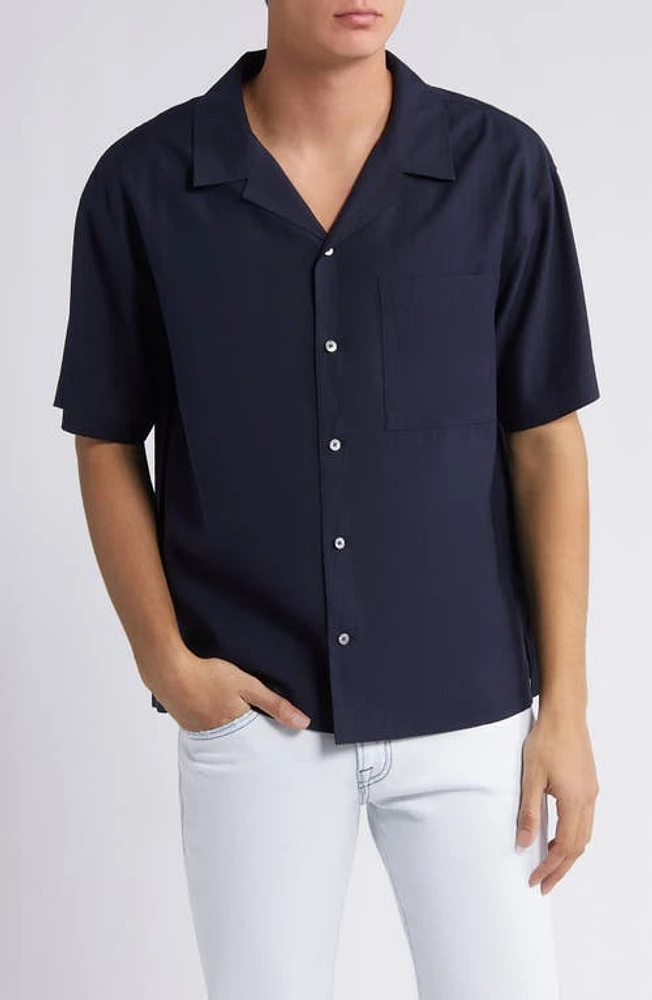 FRAME Solid Lyocell Blend Camp Shirt Dark Navy at Nordstrom,