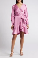 Tahari ASL Wrap Front Long Sleeve Satin Charmeuse Dress Pink Macaroon at Nordstrom,