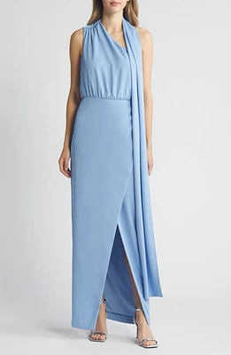 Black Halo Fantasia Neck Scarf One-Shoulder Column Gown Blue Bliss at Nordstrom,