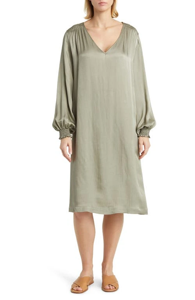 Masai Copenhagen Nadiya Smocked Long Sleeve Satin Shift Dress Vetiver at Nordstrom,