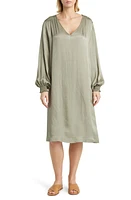 Masai Copenhagen Nadiya Smocked Long Sleeve Satin Shift Dress Vetiver at Nordstrom,