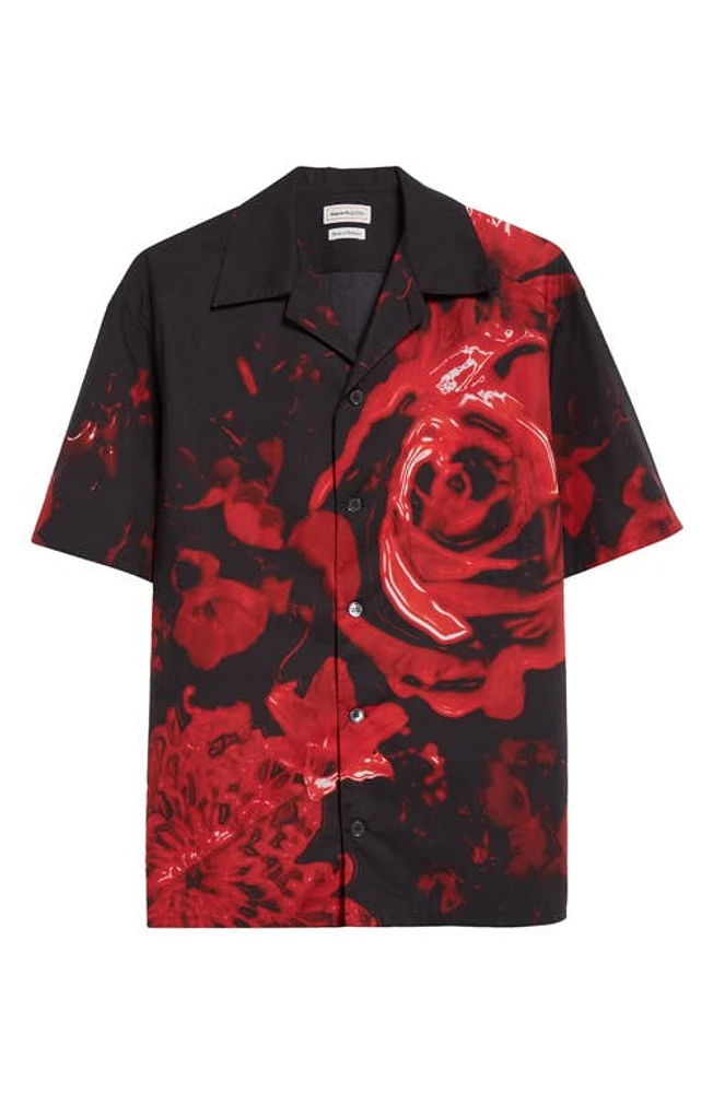 Alexander McQueen Wax Flower Print Cotton Camp Shirt Black - Red at Nordstrom,