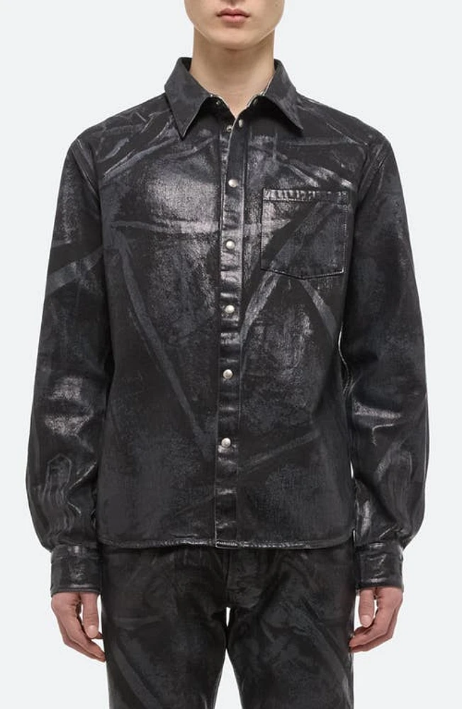 Helmut Lang Foiled Cotton Denim Shirt Jacket Black Distress Metal Crash at Nordstrom,