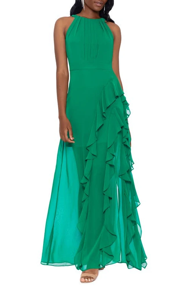 Betsy & Adam Ruffle Chiffon Gown Emerald at Nordstrom,