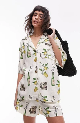 Topshop Still Life Print Linen Blend Short Sleeve Button-Up Shirt Cream at Nordstrom, Us