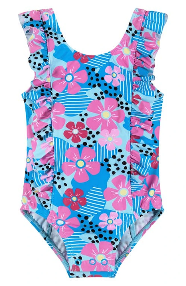 Andy & Evan Kids' Ruffle Heart Print One-Piece Swimsuit in Aqua Floral at Nordstrom, Size 5Y