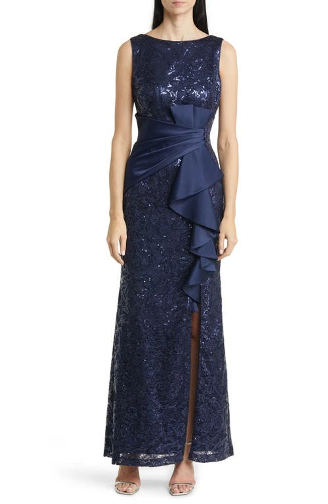 Eliza J Sequin Ruffle Sleeveless Lace Trumpet Gown in Navy at Nordstrom, Size 2