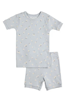 Petit Lem Kids' Daisy Print Organic Cotton Rib Fitted Two-Piece Short Pajamas Blue Light at Nordstrom,