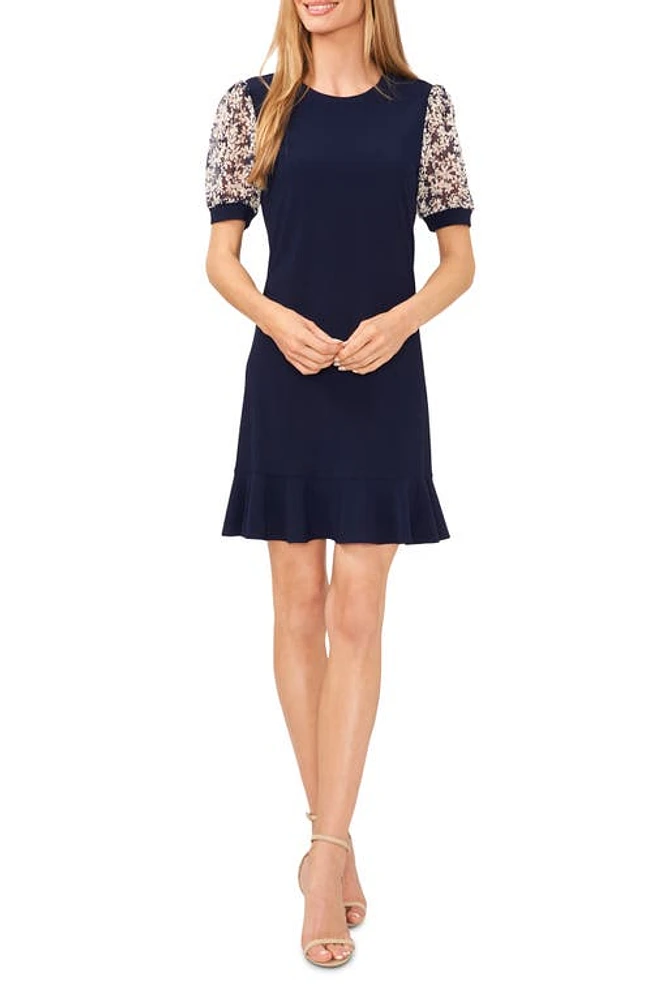 CeCe Floral Puff Sleeve Mixed Media Minidress Navy Blue Jay at Nordstrom,