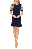 CeCe Floral Puff Sleeve Mixed Media Minidress Navy Blue Jay at Nordstrom,