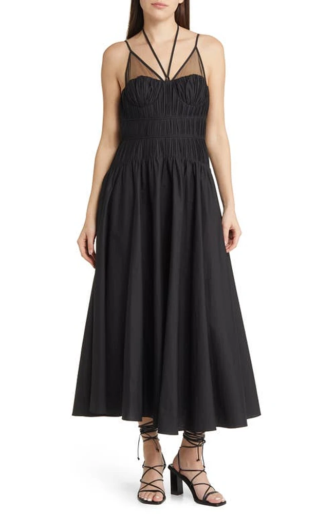 MOON RIVER Halter Neck Smocked Bodice Stretch Cotton Midi Dress Black at Nordstrom,