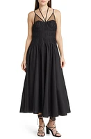 MOON RIVER Halter Neck Smocked Bodice Stretch Cotton Midi Dress Black at Nordstrom,