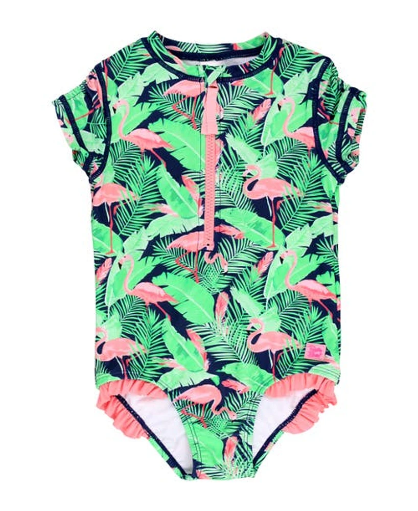 RuffleButts Toddler Girls Short Sleeve UPF50+ One Piece Rash Guard in Flamingo Frenzy at Nordstrom