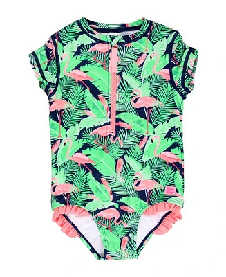 RuffleButts Toddler Girls Short Sleeve UPF50+ One Piece Rash Guard in Flamingo Frenzy at Nordstrom