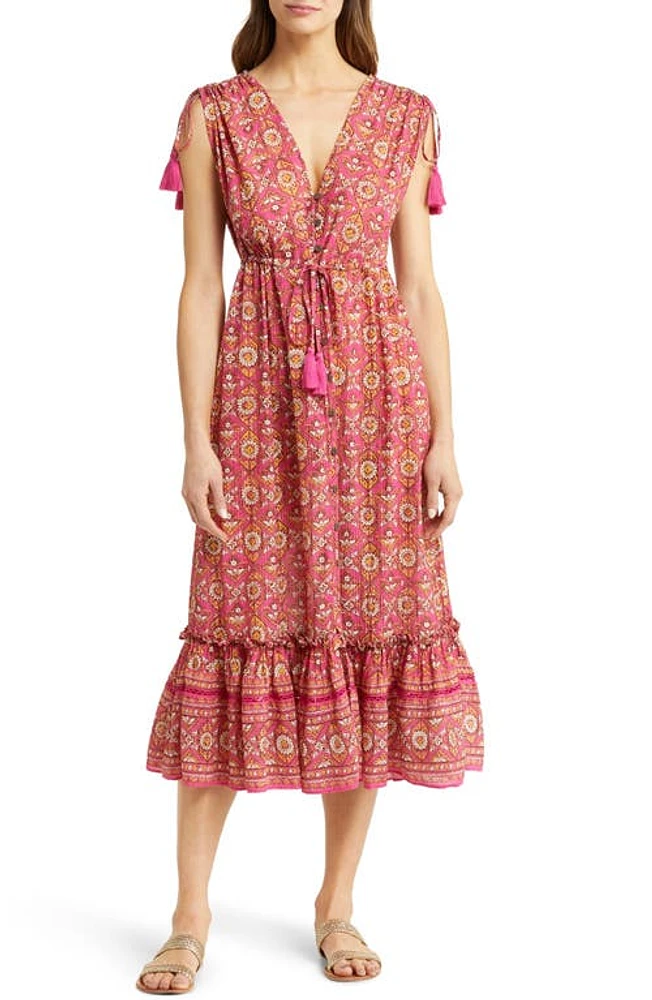 Veronica Beard Arjuna Tassel Tie Midi Dress in Fuschia Multi at Nordstrom, Size Small