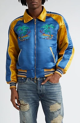 Rhude Palm Eagles Souvenir Satin Jacket Navy/Mustard Yellow at Nordstrom,