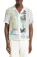 Bode New York City Map Short Sleeve Silk Button-Up Shirt in Multi Ivory at Nordstrom, Size Medium