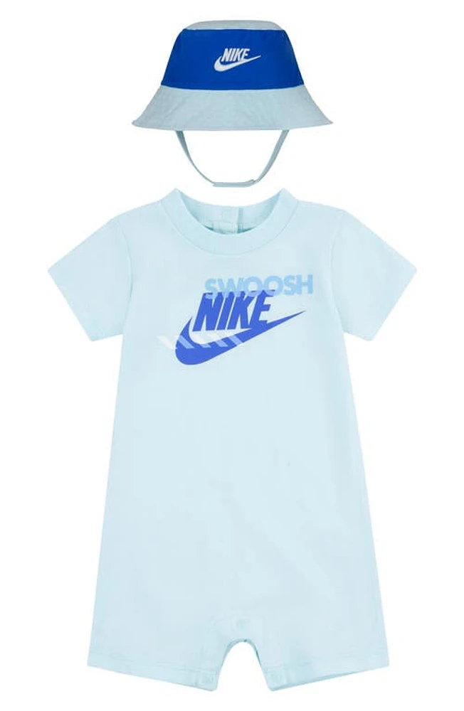 Nike Sportswear Romper & Bucket Hat Set Glacier Blue at Nordstrom,