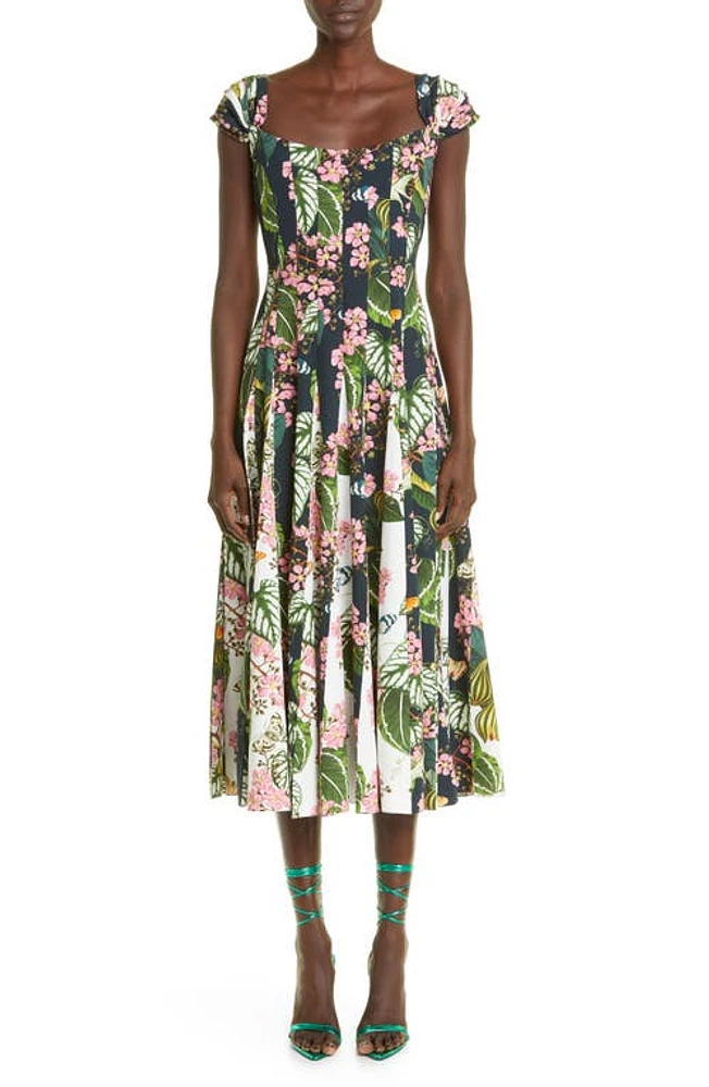 Oscar de la Renta Botanical Print Cap Sleeve Fit & Flare Dress in Navy Multi at Nordstrom, Size 2