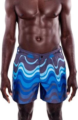 PRINCE & BOND Elvio Tailored Wave Print Hybrid Swim Trunks in Multicolor at Nordstrom, Size 36