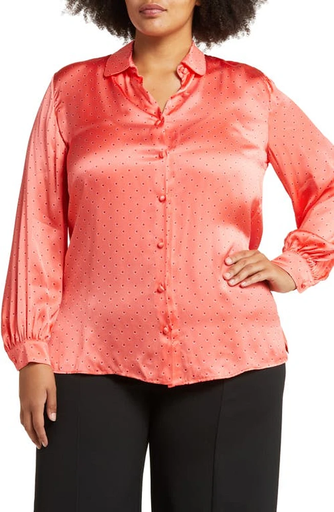 Marina Rinaldi Dot Satin Button-Up Shirt Coral at Nordstrom,